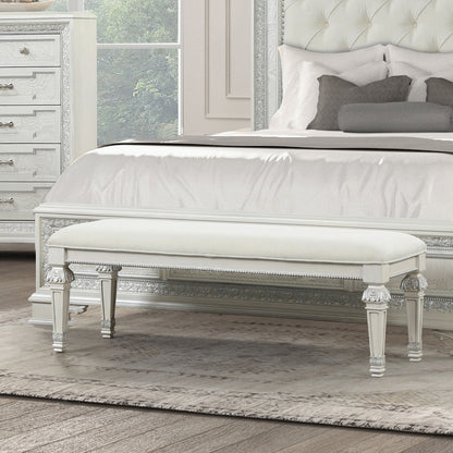 Metal Silver Finish Traditional Bench Ornated Round Knobs Diamond-button tufting adds a classic look, Creamy White