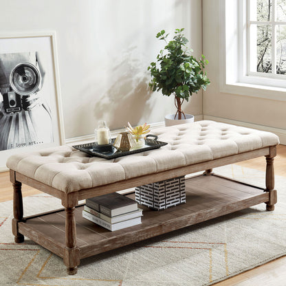 Rustic Style Bench With Bottom Open Storage And Button Tufted, Beige