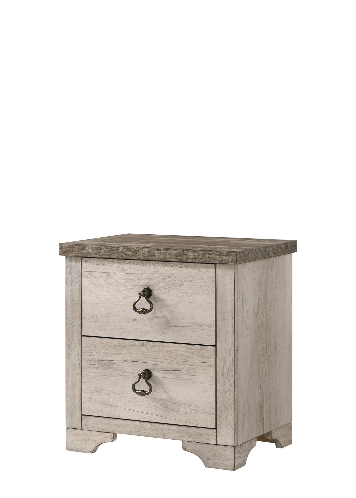 1pc Cottage Style Distressed 2 Drawer Nightstand Driftwood Finish Contrasting Weathered Brown Top Traditional Ring Pull Hardware Wooden
