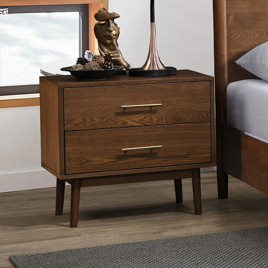 Walnut 1pc Nightstand Solid wood Bedside Table Nickle Bar Pulls 2-Drawers Round Tapered Legs Bedroom Modern Style