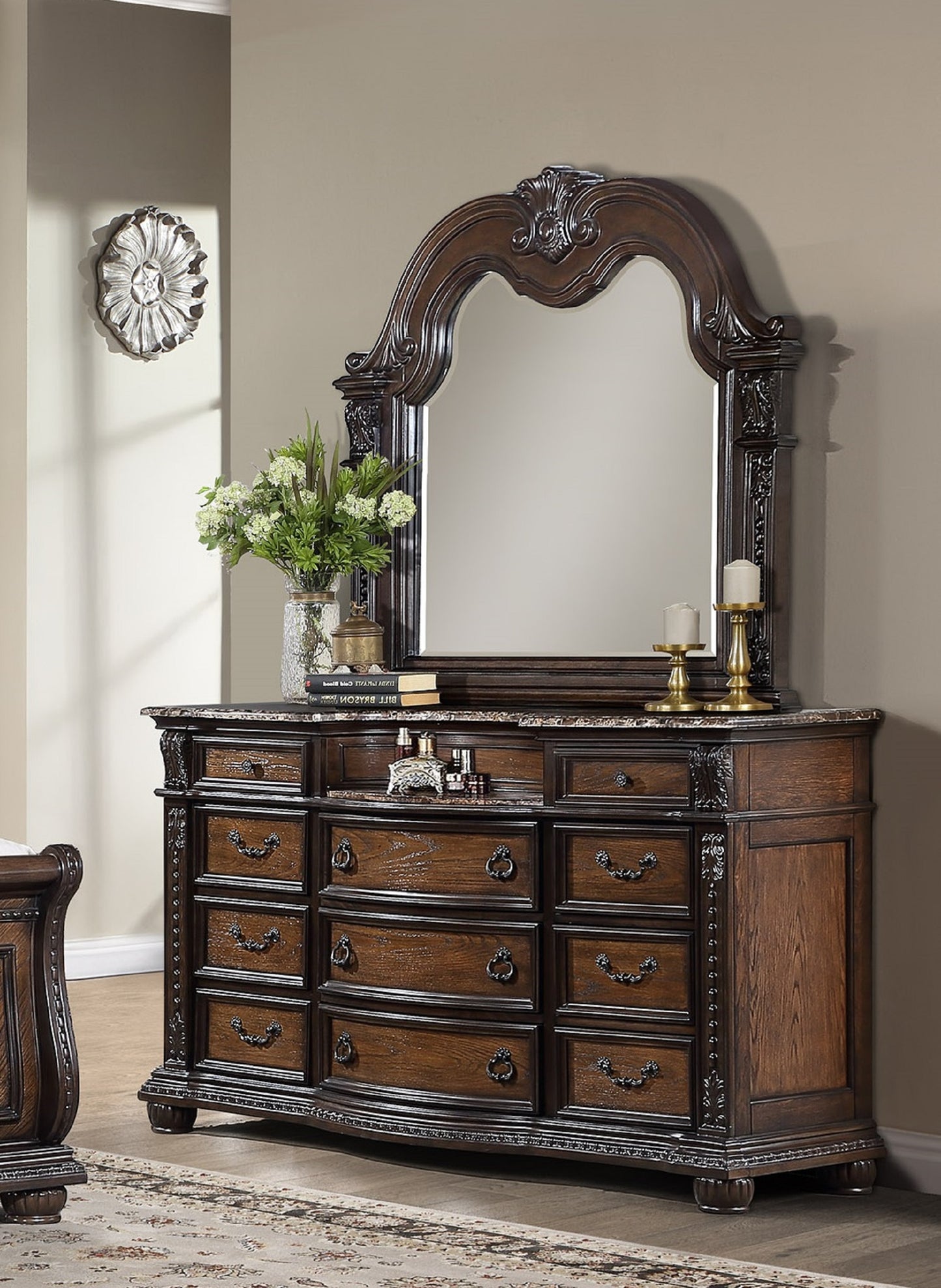 Traditional Marble Wood Dresser with 11 Drawers for Bedroom Storage