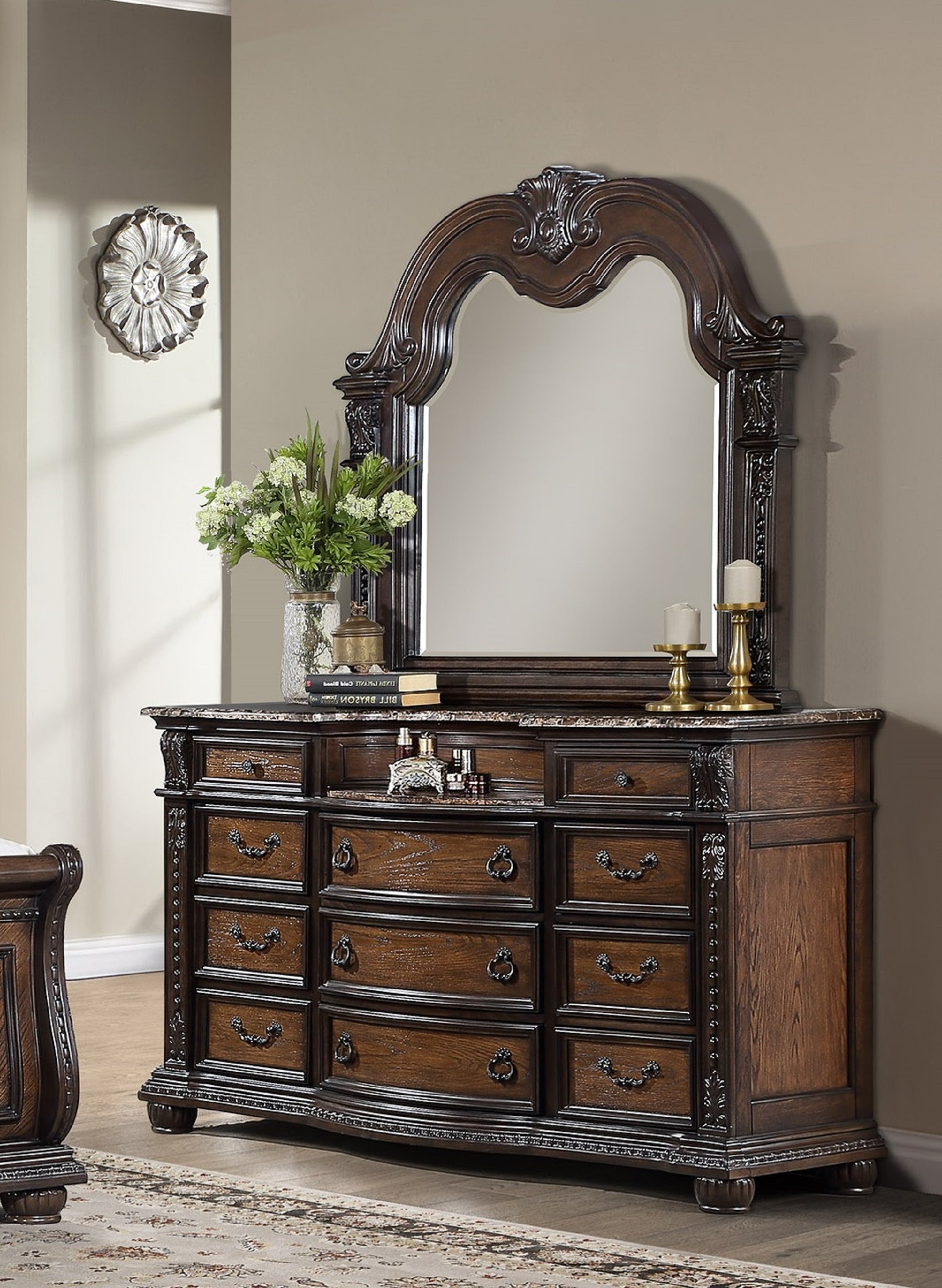 Traditional Marble Wood Dresser with 11 Drawers for Bedroom Storage