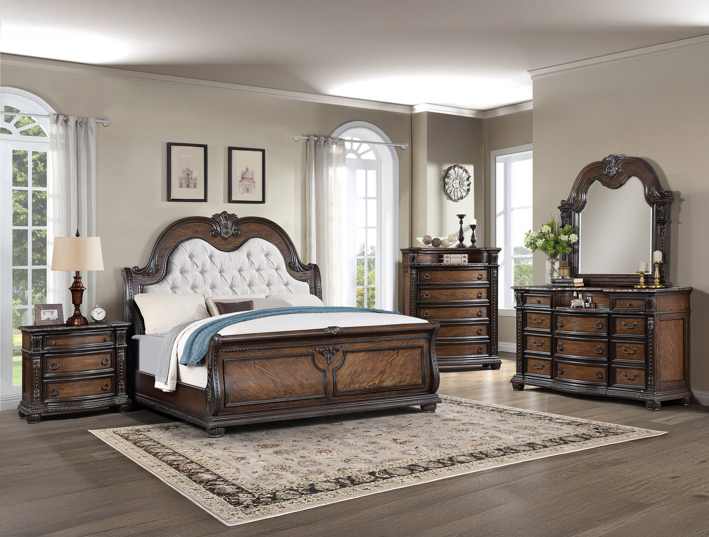 Traditional Marble Wood Dresser with 11 Drawers for Bedroom Storage