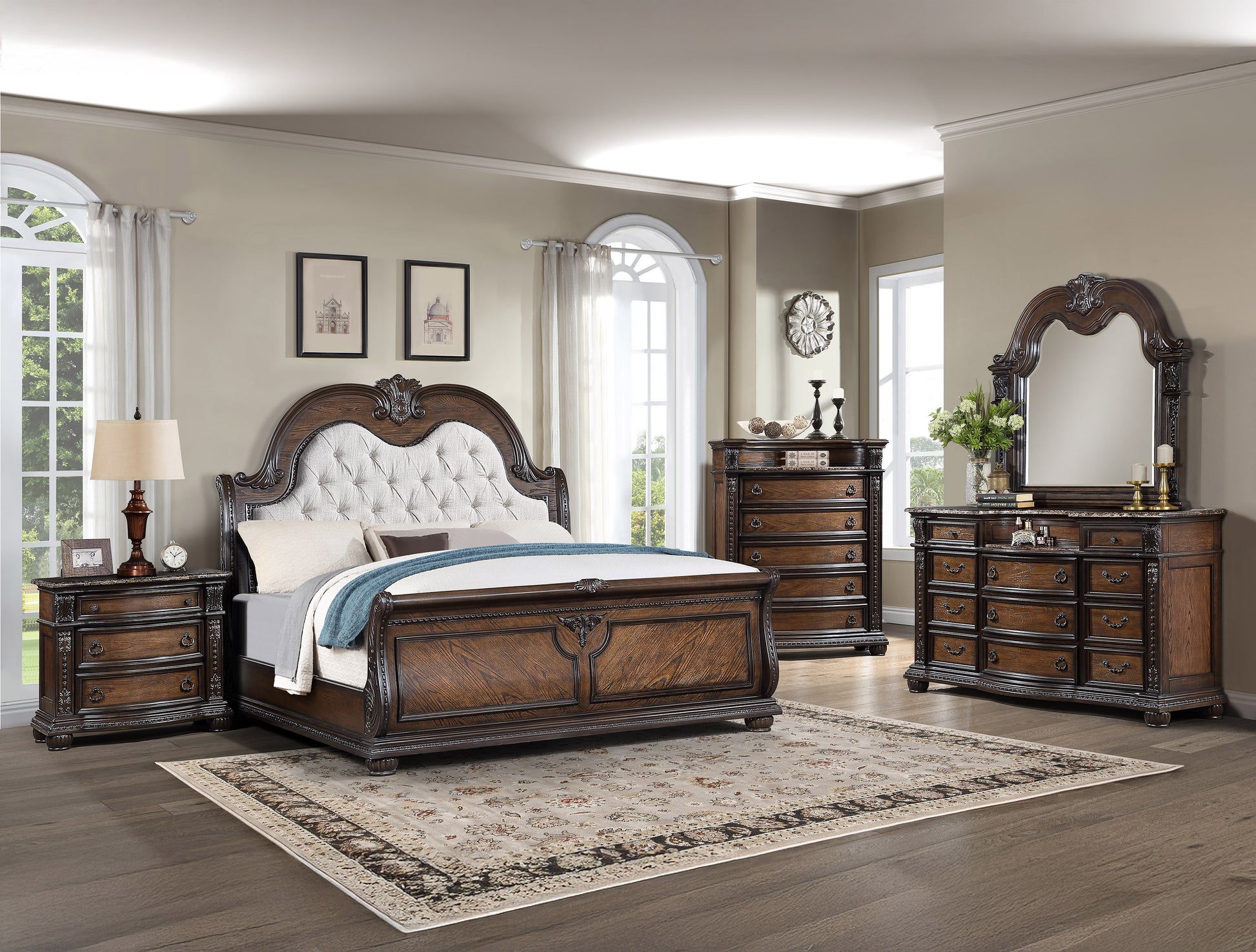 Traditional Marble Wood Dresser with 11 Drawers for Bedroom Storage
