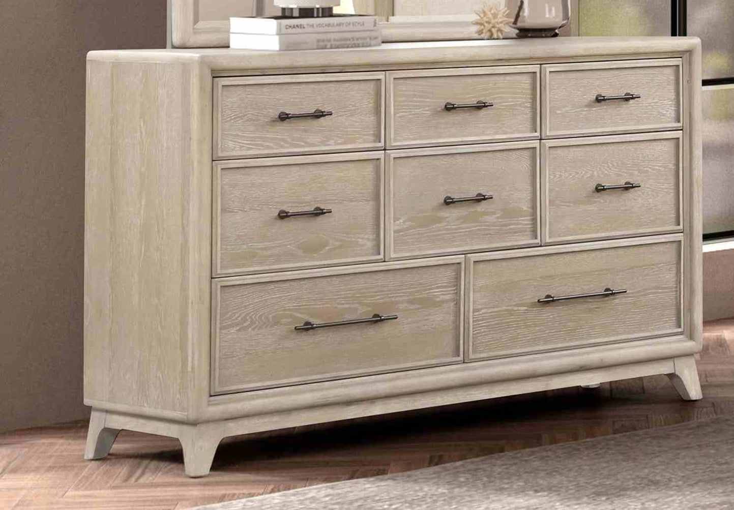 1pc Oak Finish Eight Drawers Dresser Solid Rubberwood Contemporary Sleek Ample Storage