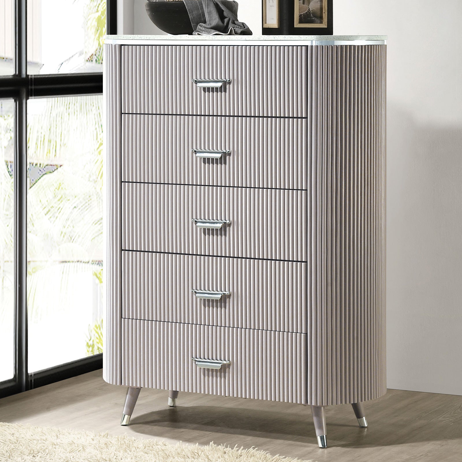 Unique Contemporary Style 1pc Chest Cultured Stone On Top English Dovetail Drawers Chrome Handles Angled Legs Light Gray Finish Bedroom Furniture