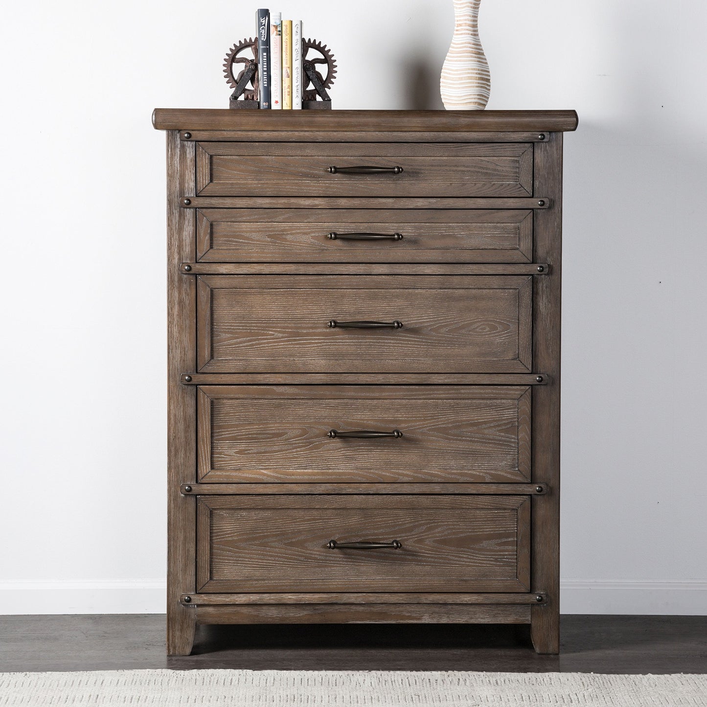 Transitional Style Brown Finish Chest 1pc 5-Drawers Panel Style Headboard Ball Bearing Glides Bedroom Furniture