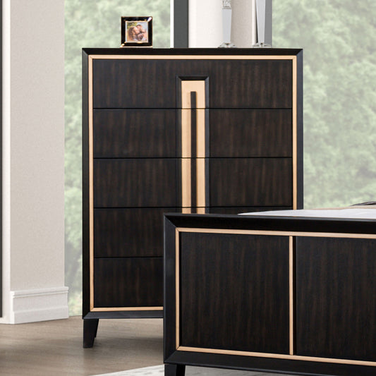 Contemporary Style 5-English Dovetail Drawer Chest 1pc Gold Accent Finish Felt Lined Top Drawer Espresso Finish Bedroom Furniture