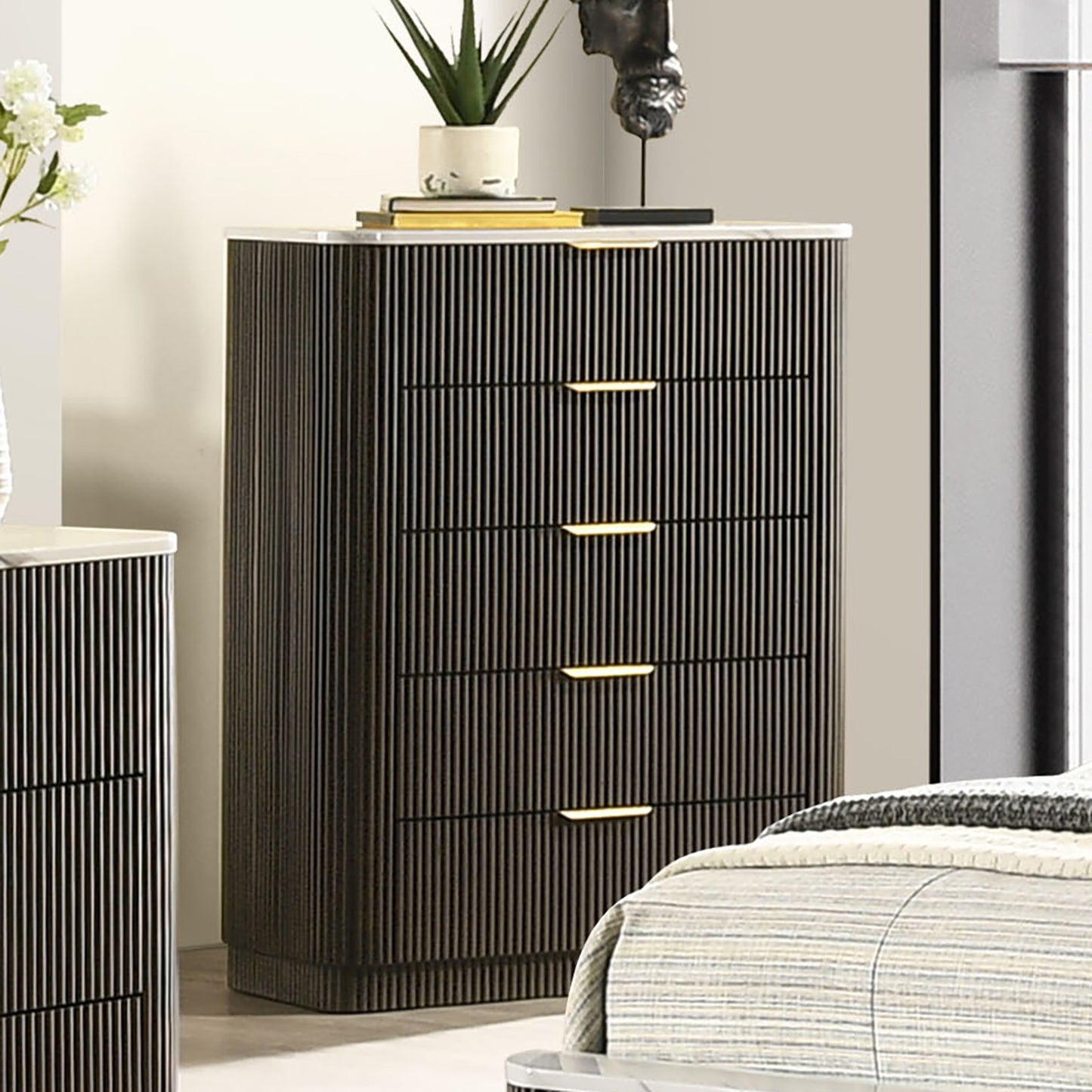 Contemporary Style 1pc Chest Artificial Marble Top Metal Side Glide Plinth Base Dark Walnut Finish Bedroom Furniture