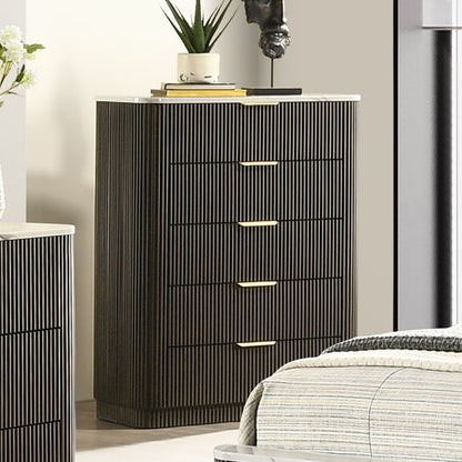 Contemporary Style 1pc Chest Artificial Marble Top Metal Side Glide Plinth Base Dark Walnut Finish Bedroom Furniture