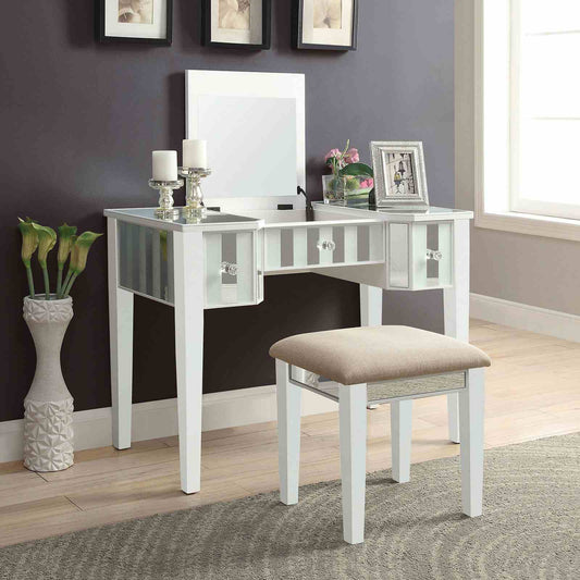 Transitional Style  1pc Vanity w/ Stool Set Core Design Storage Drawers Central Mirror Padded Stool White Finish Bedroom Furniture