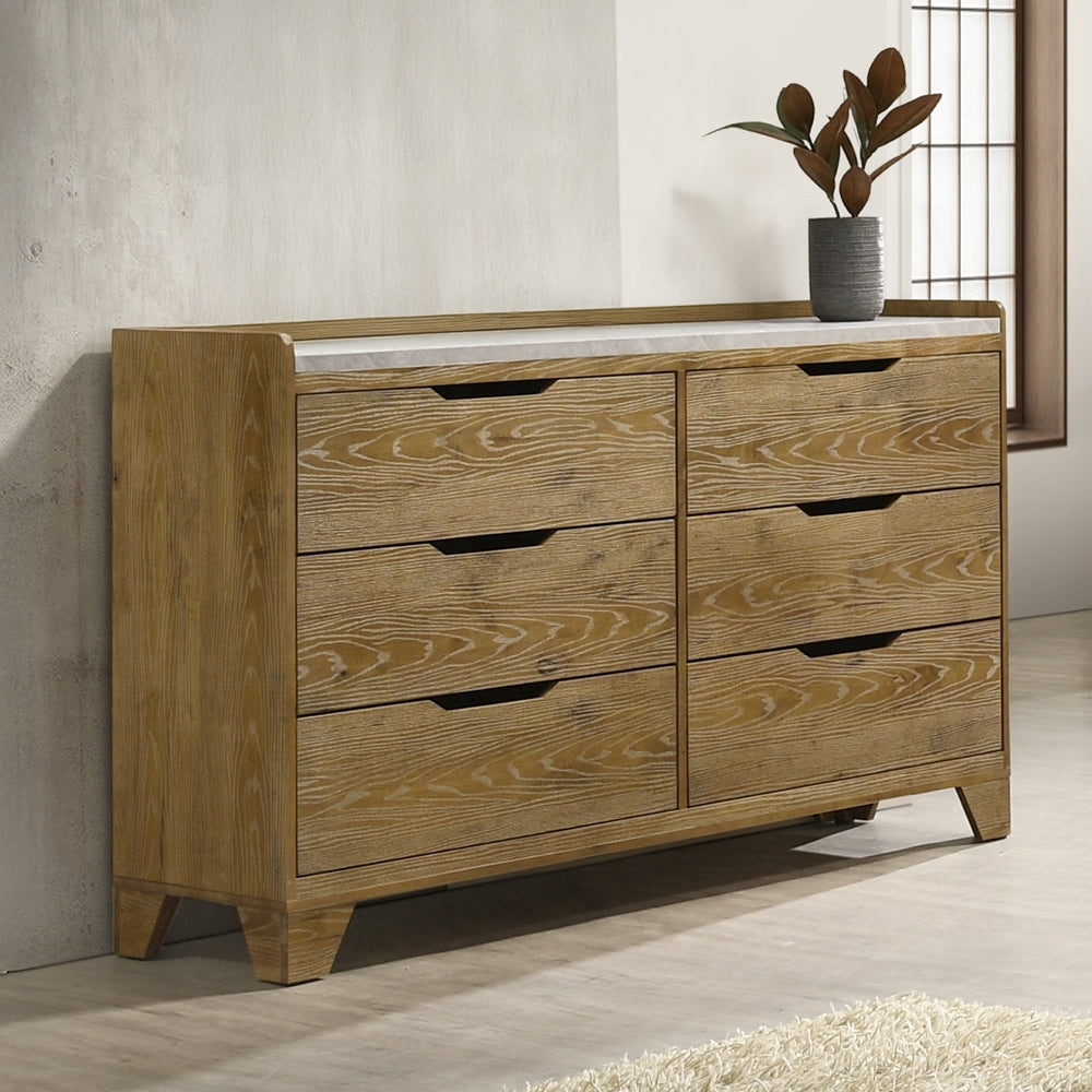 Transitional Brown Finish Dresser With 6x Storage Drawer Bedroom Furniture 1pc Solid Rubberwood