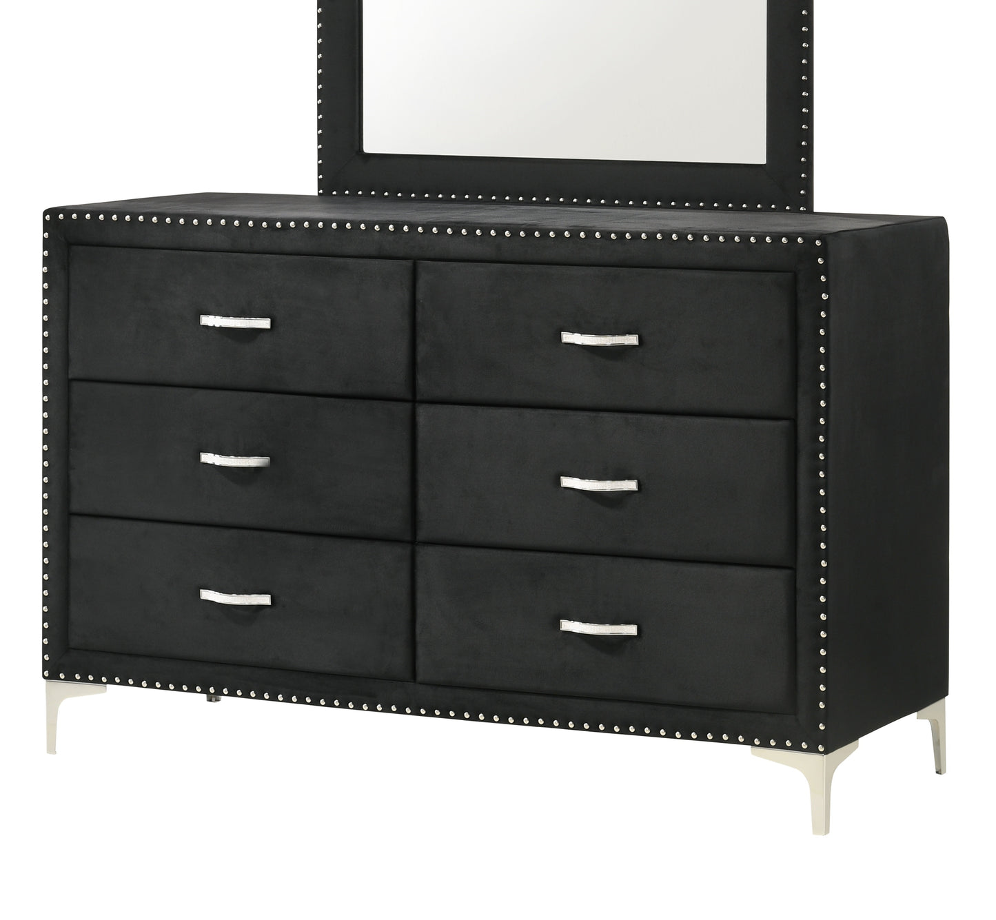 Glam Style 1pc Six Drawers Dresser Fabric Upholstered Tufted Nailhead Tempered Glass Wood Metal Fabric Bedroom Furniture