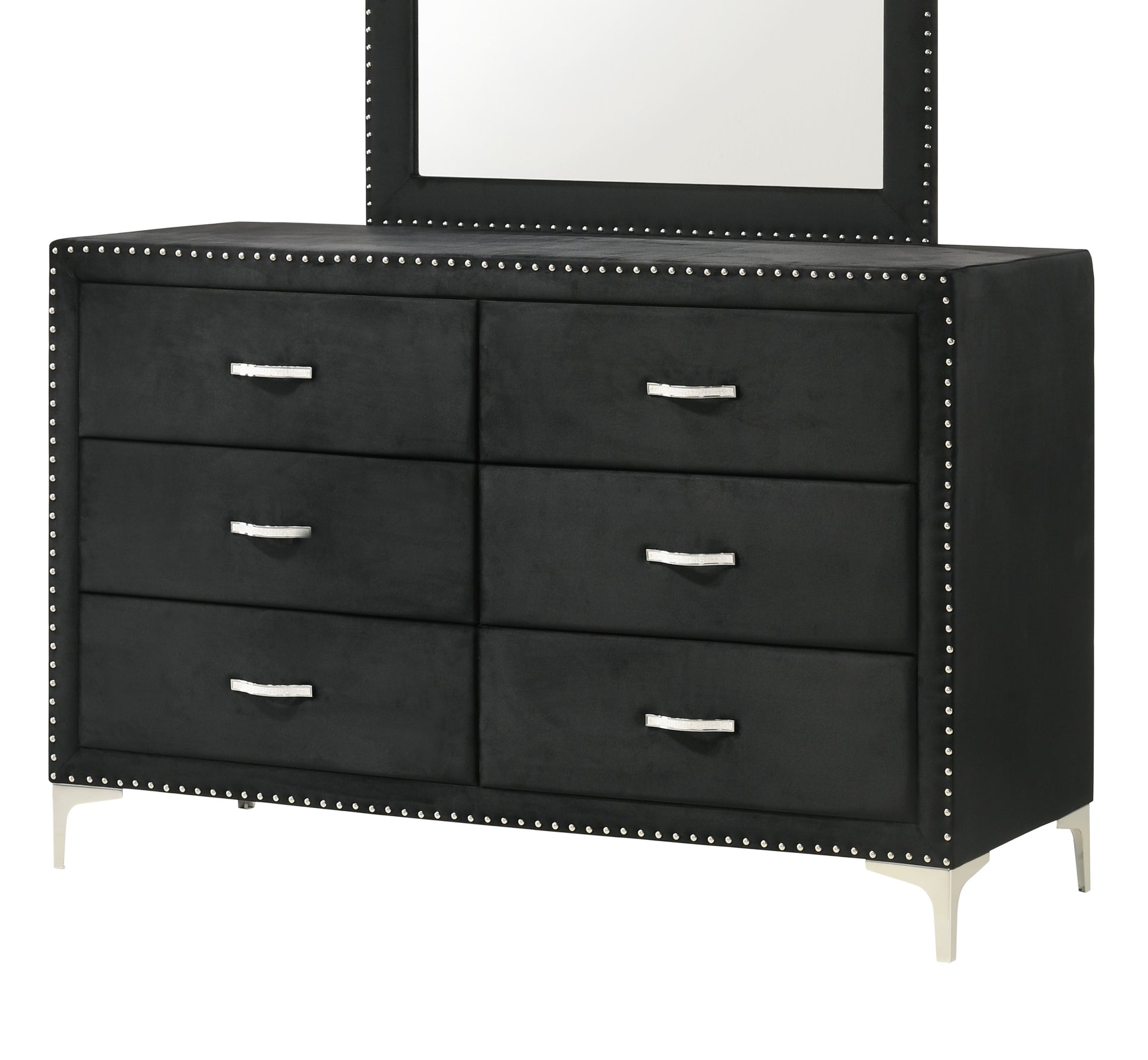 Glam Style 1pc Six Drawers Dresser Fabric Upholstered Tufted Nailhead Tempered Glass Wood Metal Fabric Bedroom Furniture