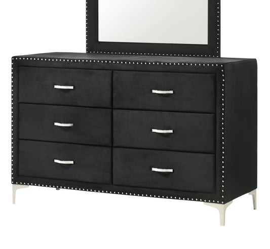 Glam Style 1pc Six Drawers Dresser Fabric Upholstered Tufted Nailhead Tempered Glass Wood Metal Fabric Bedroom Furniture