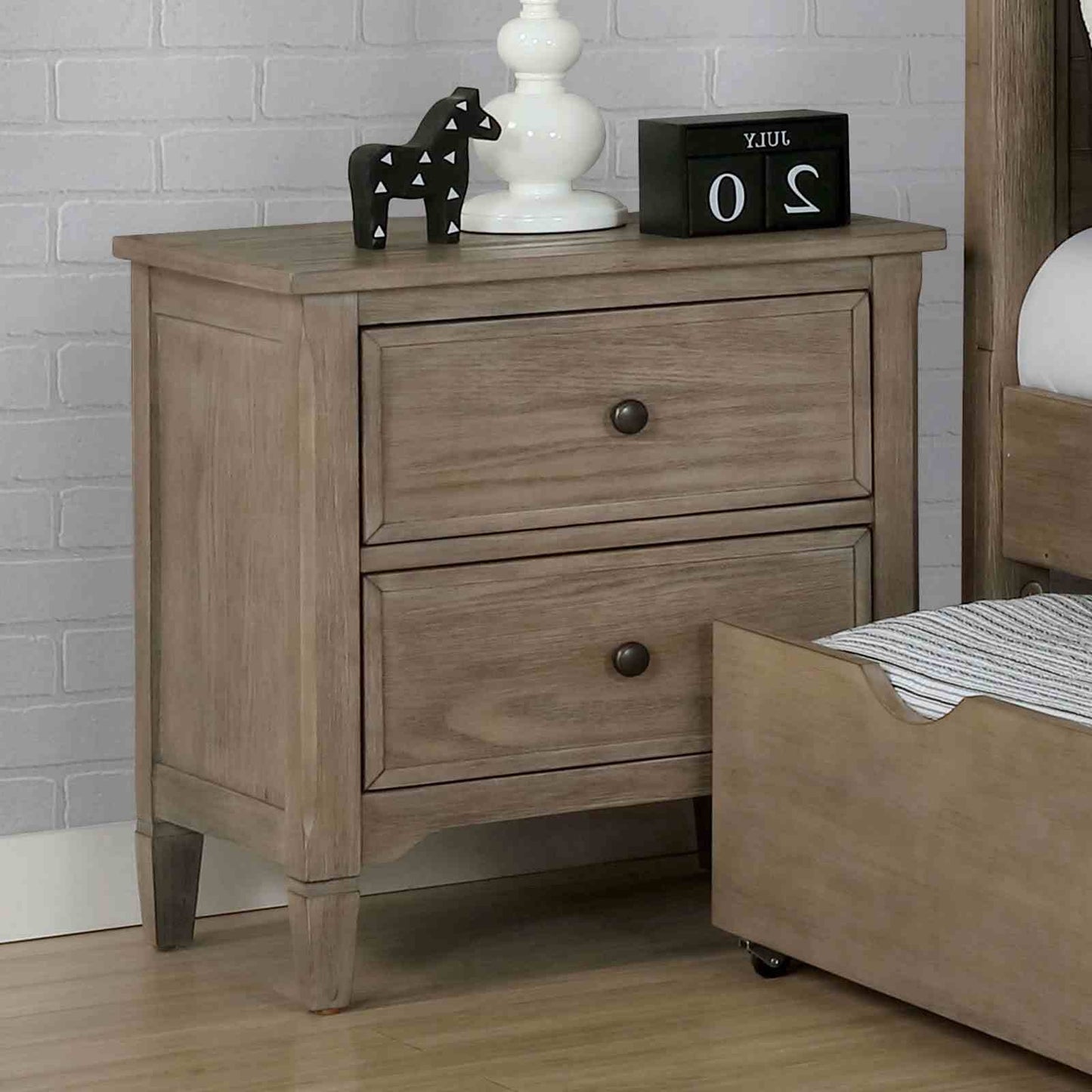 Wire-Brushed Warm Gray 1pc Nightstand Bedside Table Round Pull Knobs Bedroom Furniture