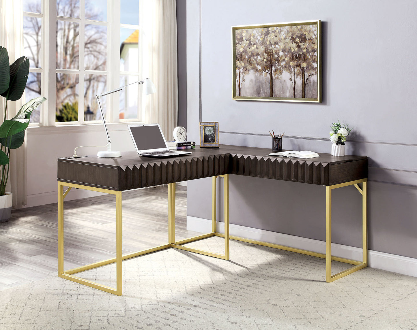 Walnut Computer Desk - Industrial Style with Drawers