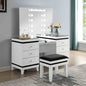 Contemporary Style 1pc Vanity Set Tri-Fold Mirror 14pcs Bulbs Black Glass Table Top Upholstered Stool Seat Knob Handles Felt Lined drawers Black And White Finish