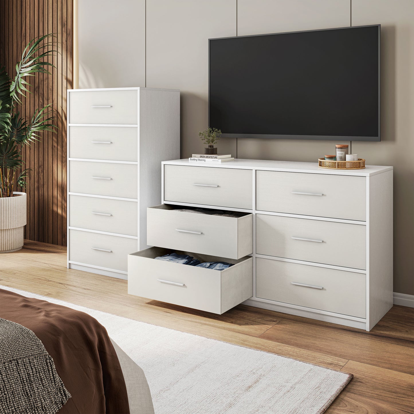 5-Drawer Dresser with Large Fabric Drawers, White