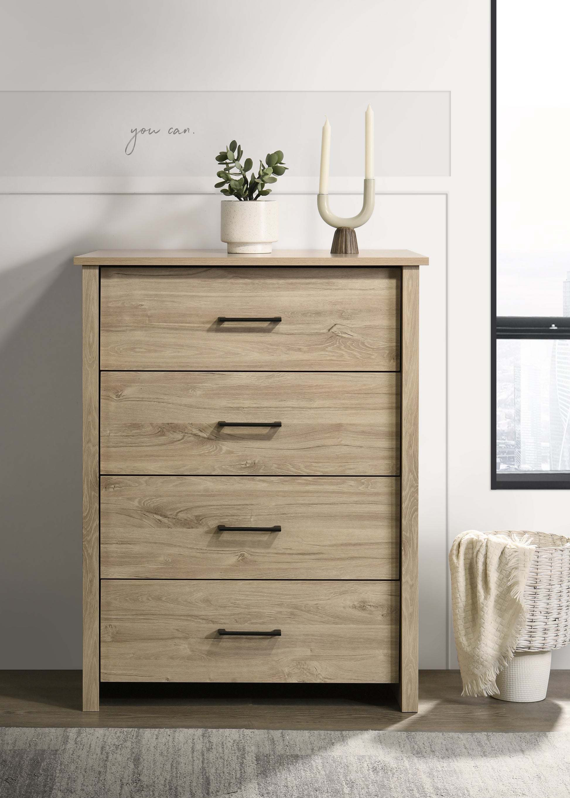 Seraphiel 32"W Light Oak Finish 4-Drawer Chest with Black Handles