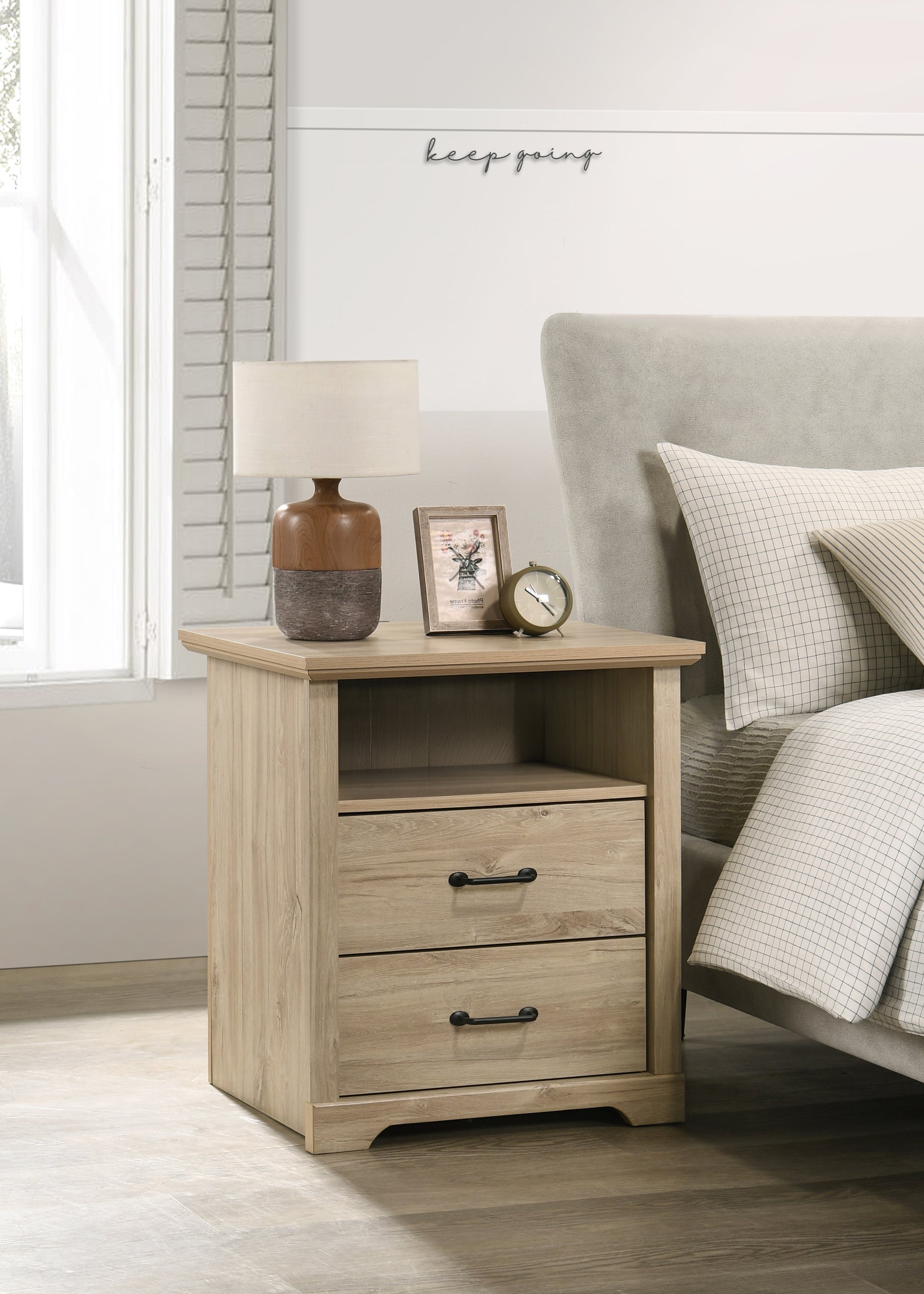 Elettra 22"W Light Oak Finish 2-Drawer Nightstand Bedside Table with USB Charging  Ports