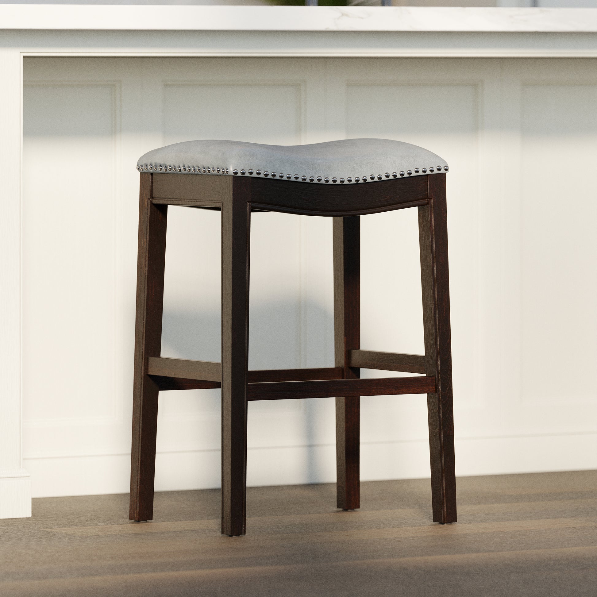 31in. H Bar-Height Wood Barstool with Gray Faux-Leather Seat, 1PC