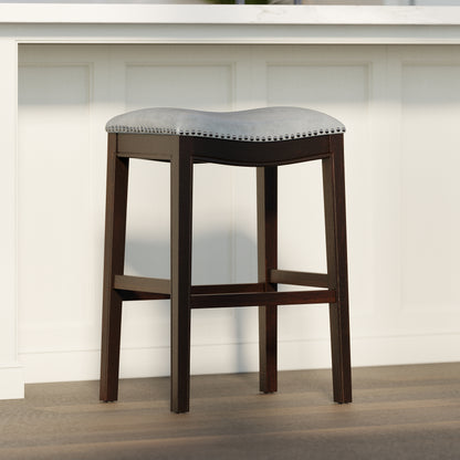 31in. H Bar-Height Wood Barstool with Gray Faux-Leather Seat, 1PC