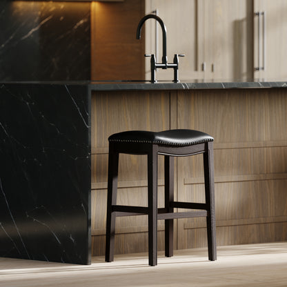 31in. H Bar-Height Wood Barstool with Black Faux-Leather Seat, 1PC