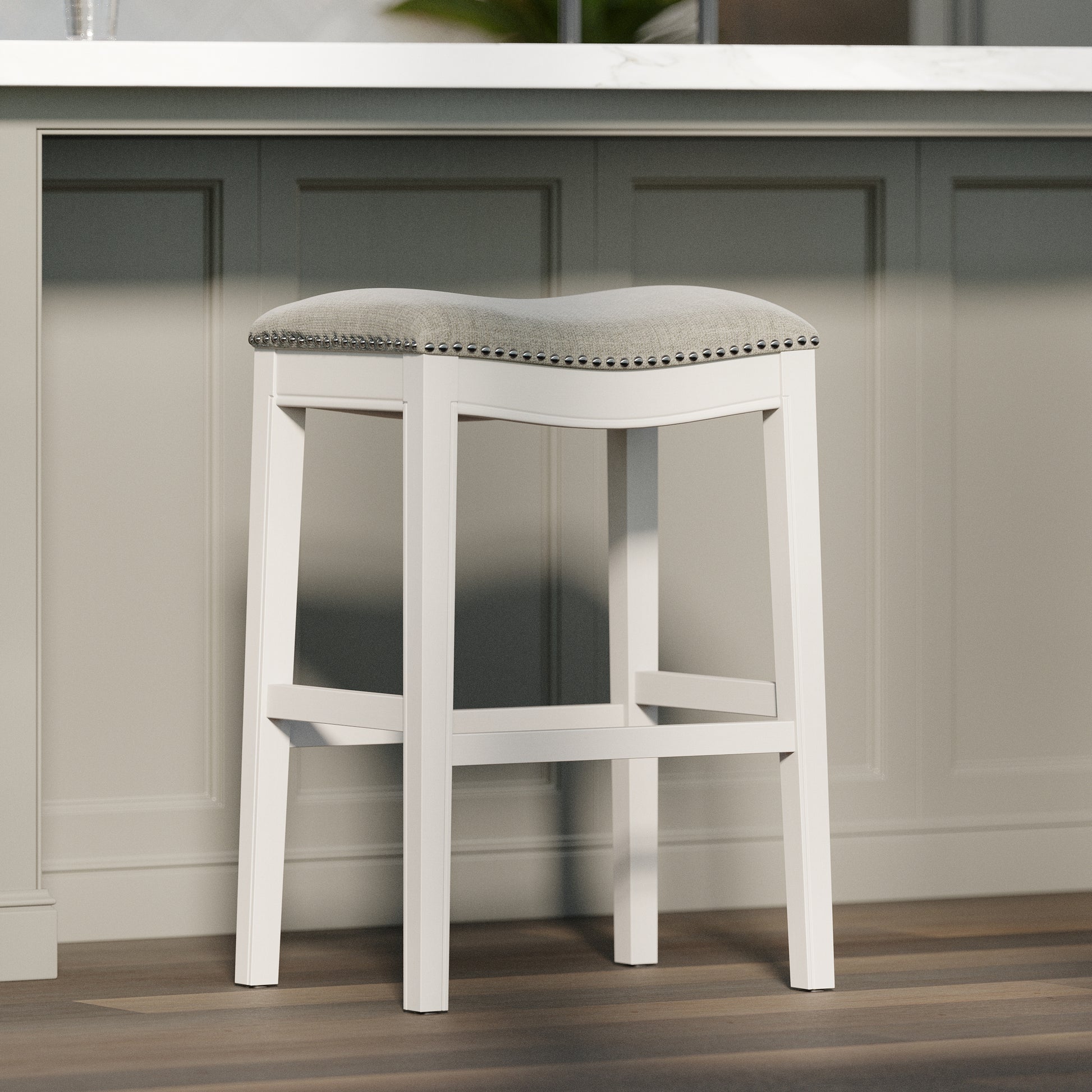 31in. Bar-Height Backless Wood Narrow Saddle-Seat Barstool with Nailhead Trim, Farmhouse Whitewash with Gray Upholstered Seat, 1PC