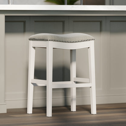 31in. Bar-Height Backless Wood Narrow Saddle-Seat Barstool with Nailhead Trim, Farmhouse Whitewash with Gray Upholstered Seat, 1PC