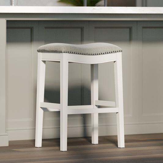 31in. Bar-Height Backless Wood Narrow Saddle-Seat Barstool with Nailhead Trim, Farmhouse Whitewash with Gray Upholstered Seat, 1PC