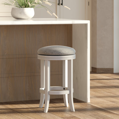 26in. Counter-Height Wood Backless Barstool with Upholstered Gray Swivel Seat, White Frame, 1PC