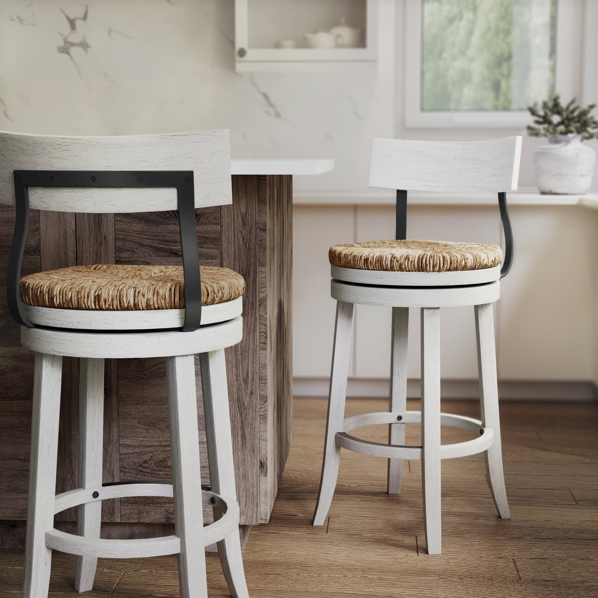31" Wood Bar-Height Bar Stool with Natural Seagrass Seat, Reclaimed White, 1PC