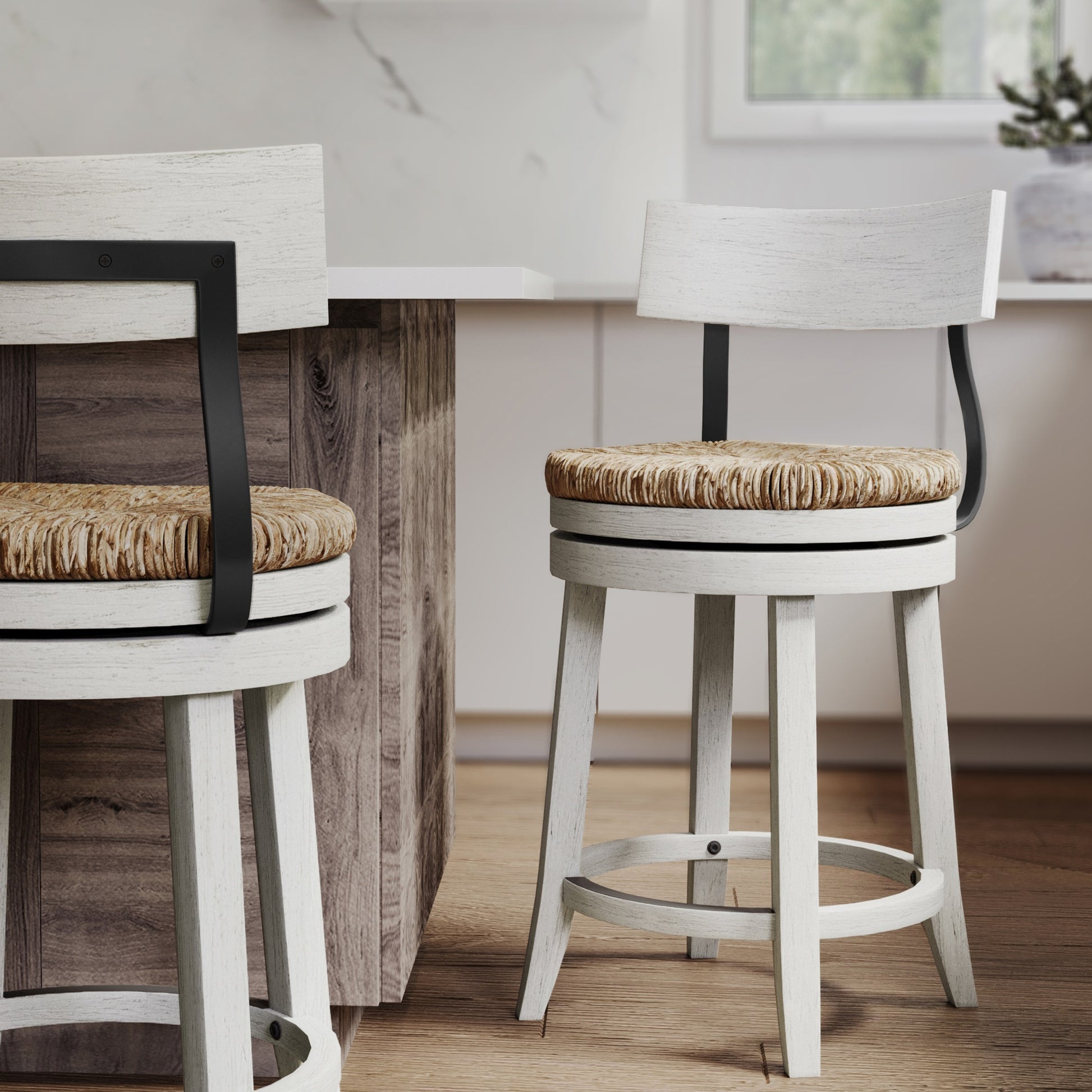 26" Wood Counter-Height Bar Stool with Natural Seagrass Seat, Reclaimed White, 1PC