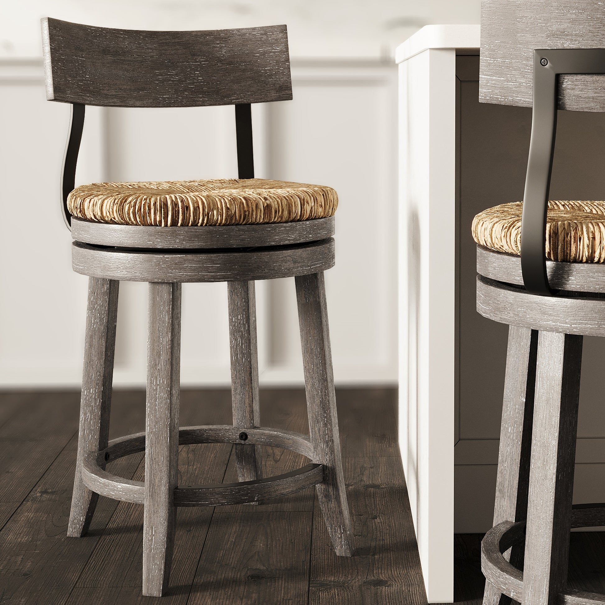 26" Wood Counter-Height Bar Stool with Natural Seagrass Seat, Reclaimed Gray, 1PC