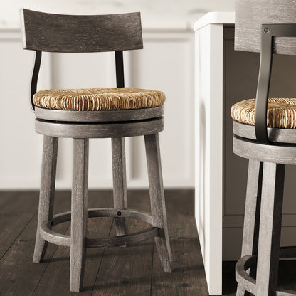 26" Wood Counter-Height Bar Stool with Natural Seagrass Seat, Reclaimed Gray, 1PC