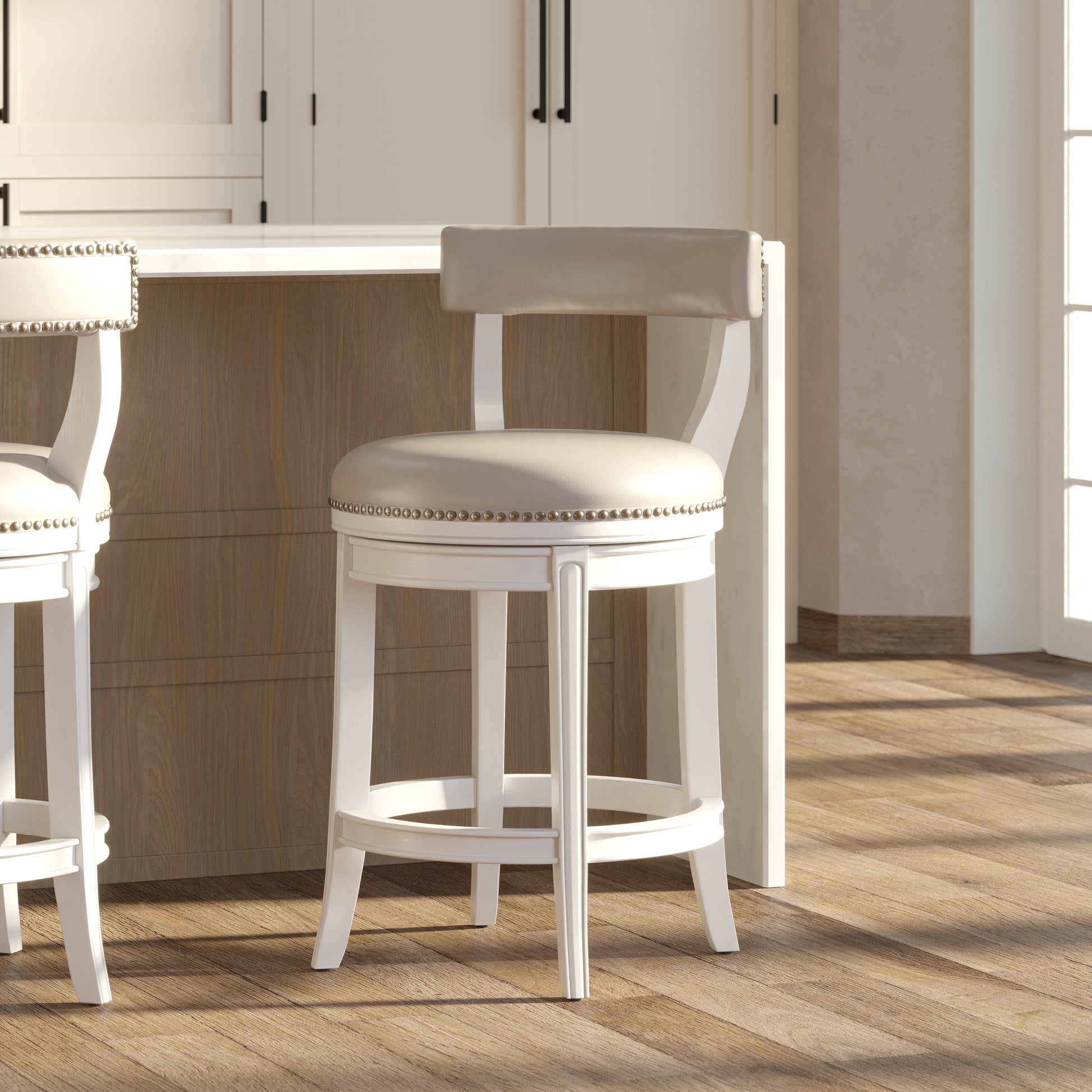 26" Counter-Height Bar Stool, White Wood with Gray Faux Leather Seat and Back, 1PC