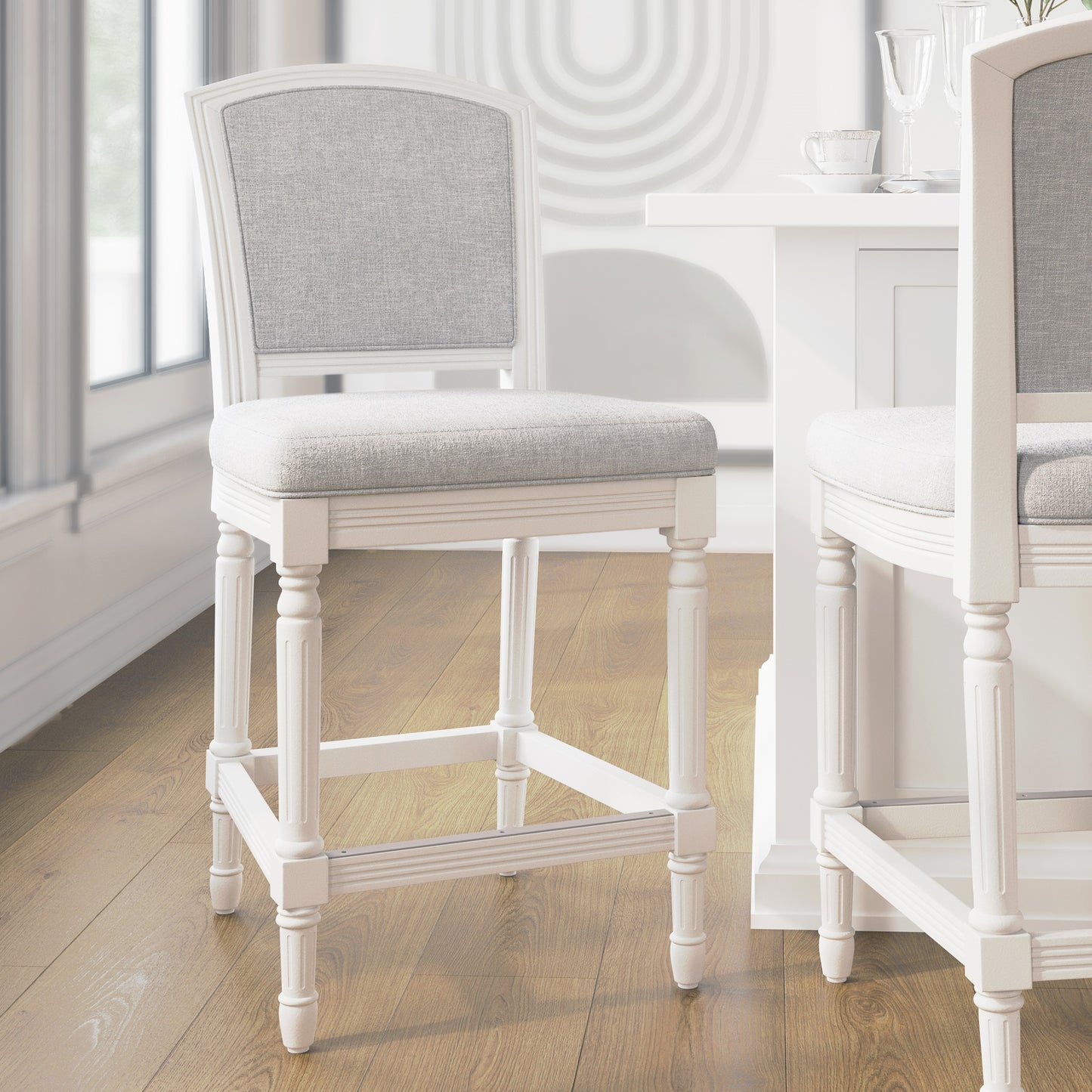 26" White Counter-Height Bar Stool with Gray Upholstered Seat and Back, 1PC