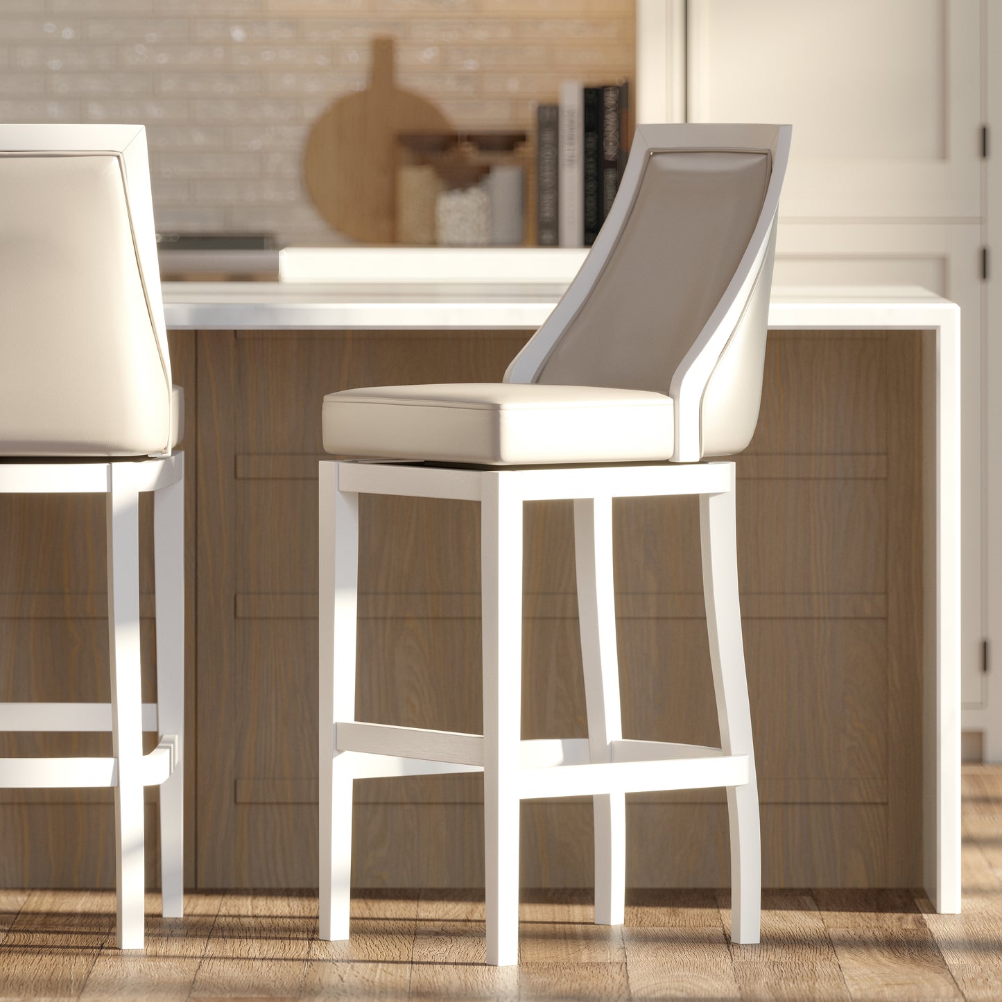 Swivel 31"H Bar Stool with Tall Back, White with Gray Faux-Leather Seat, 1PC
