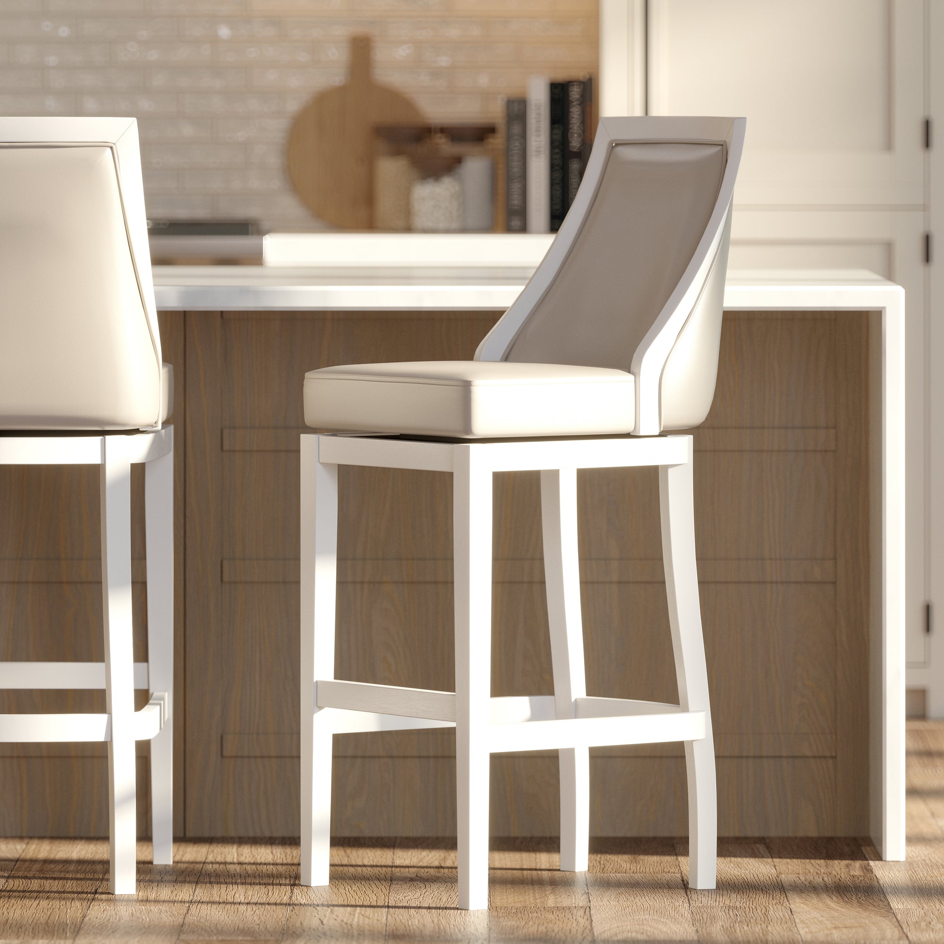 Swivel 31"H Bar Stool with Tall Back, White with Gray Faux-Leather Seat, 1PC
