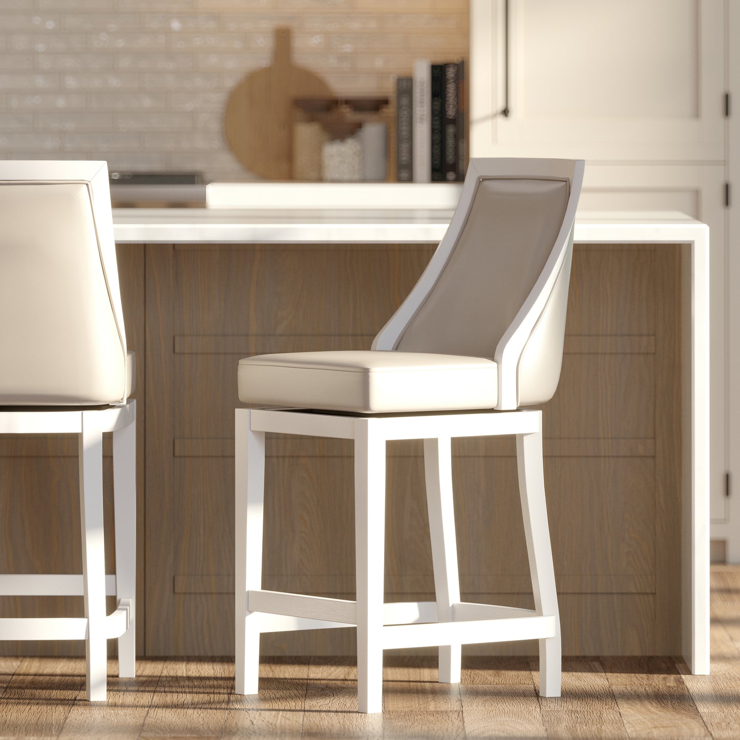 Swivel 26"H Counter-Height Bar Stool with Tall Back, White with Gray Faux-Leather Seat, 1PC