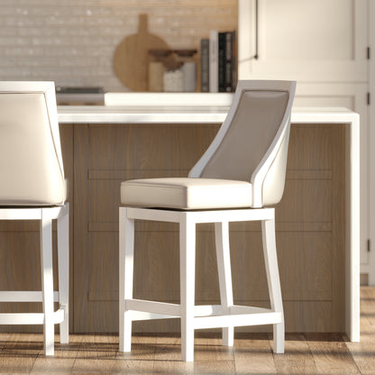 Swivel 26"H Counter-Height Bar Stool with Tall Back, White with Gray Faux-Leather Seat, 1PC