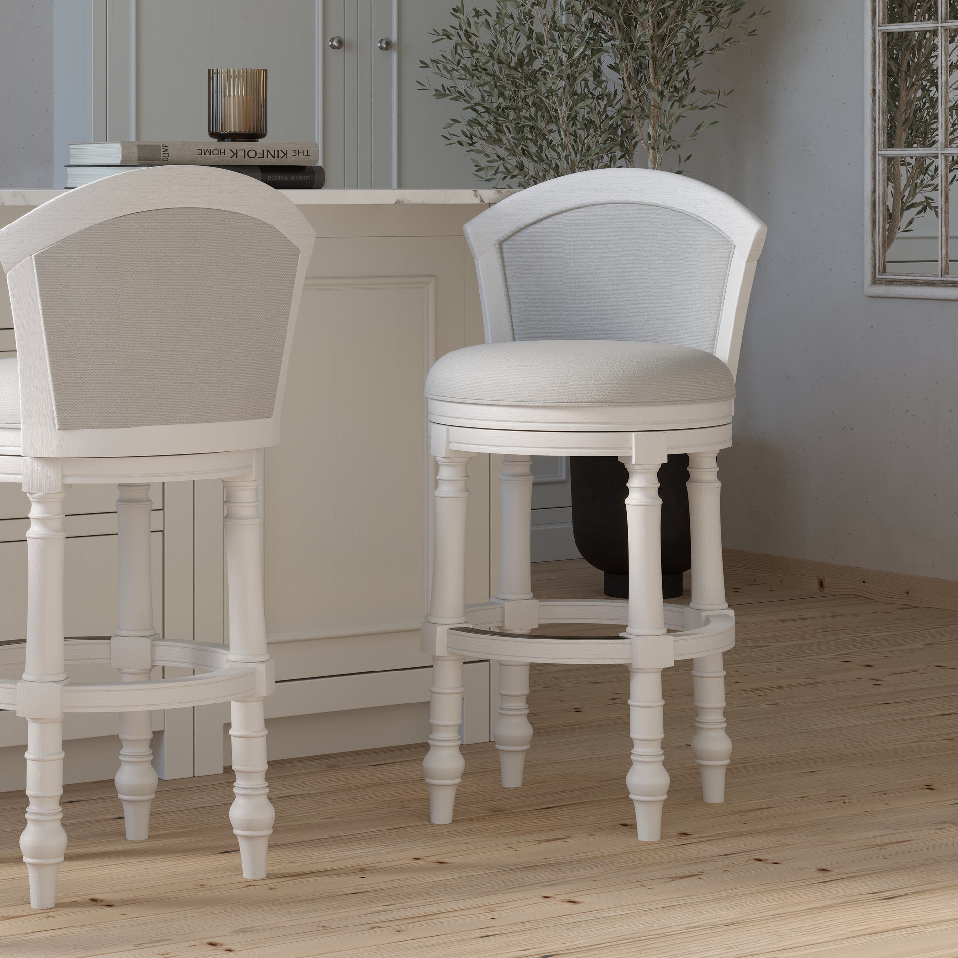 31" Wood Barrel-Back Bar Stool with Swivel and Upholstered Seat and Back, Farmhouse White with Light Gray Seat and Back, 1PC