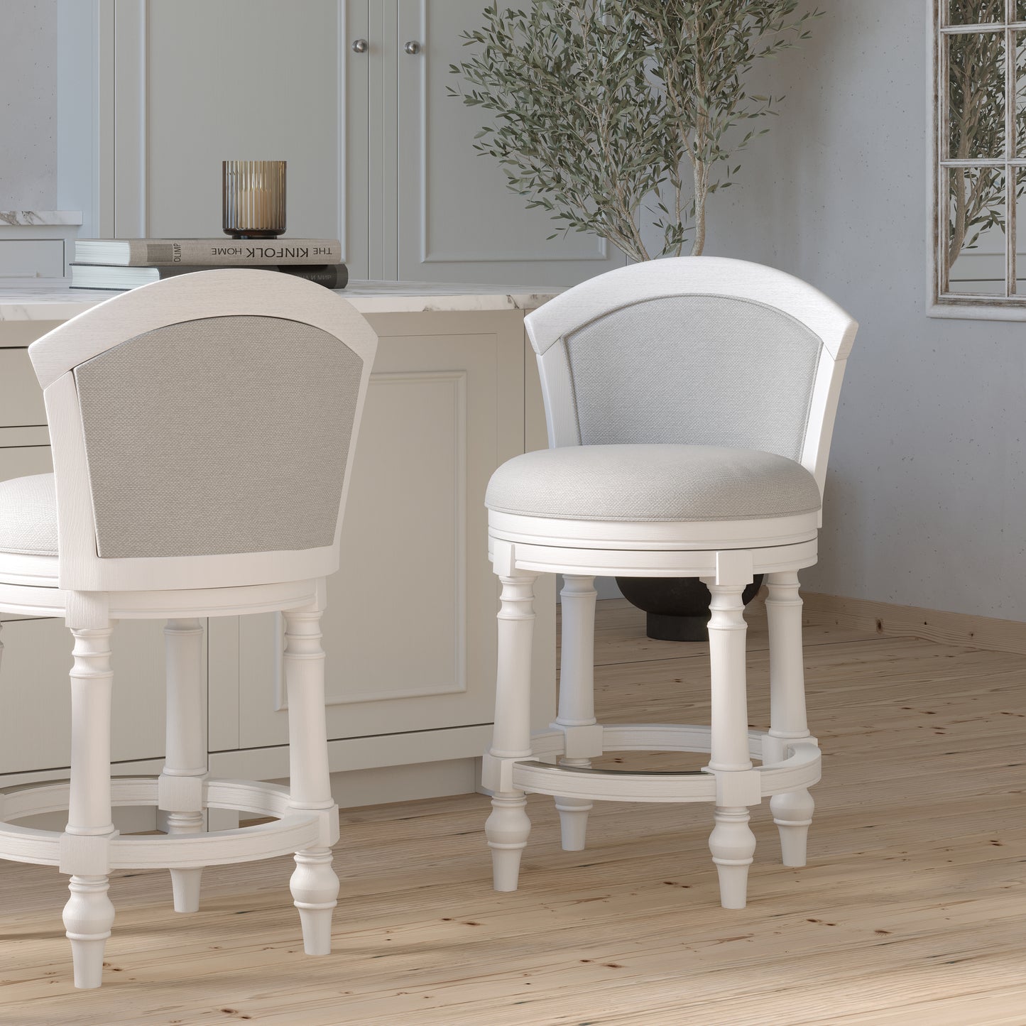 26" Wood Barrel-Back Counter-Height Bar Stool with Swivel and Upholstered Seat and Back, Farmhouse White with Light Gray Seat and Back, 1PC
