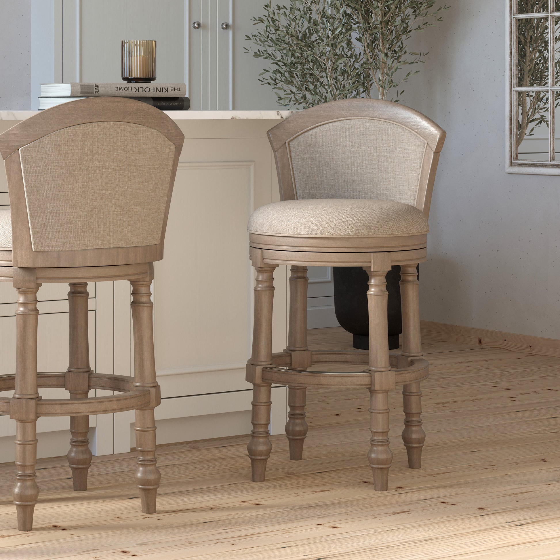 31" Wood Barrel-Back Bar Stool with Swivel and Upholstered Seat and Back, Uptown Gray with Beige Seat and Back, 1PC
