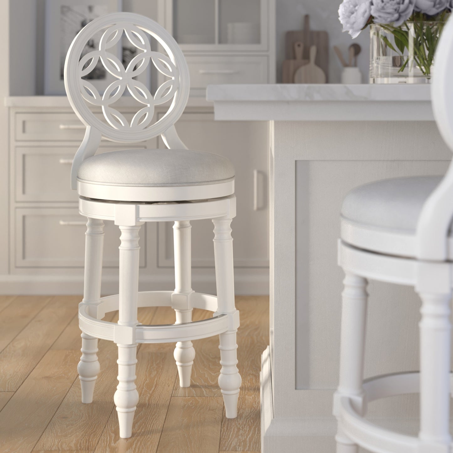 31" Wood Bar Stool with Back and Swivel Upholstered Seat, Farmhouse White, 1PC