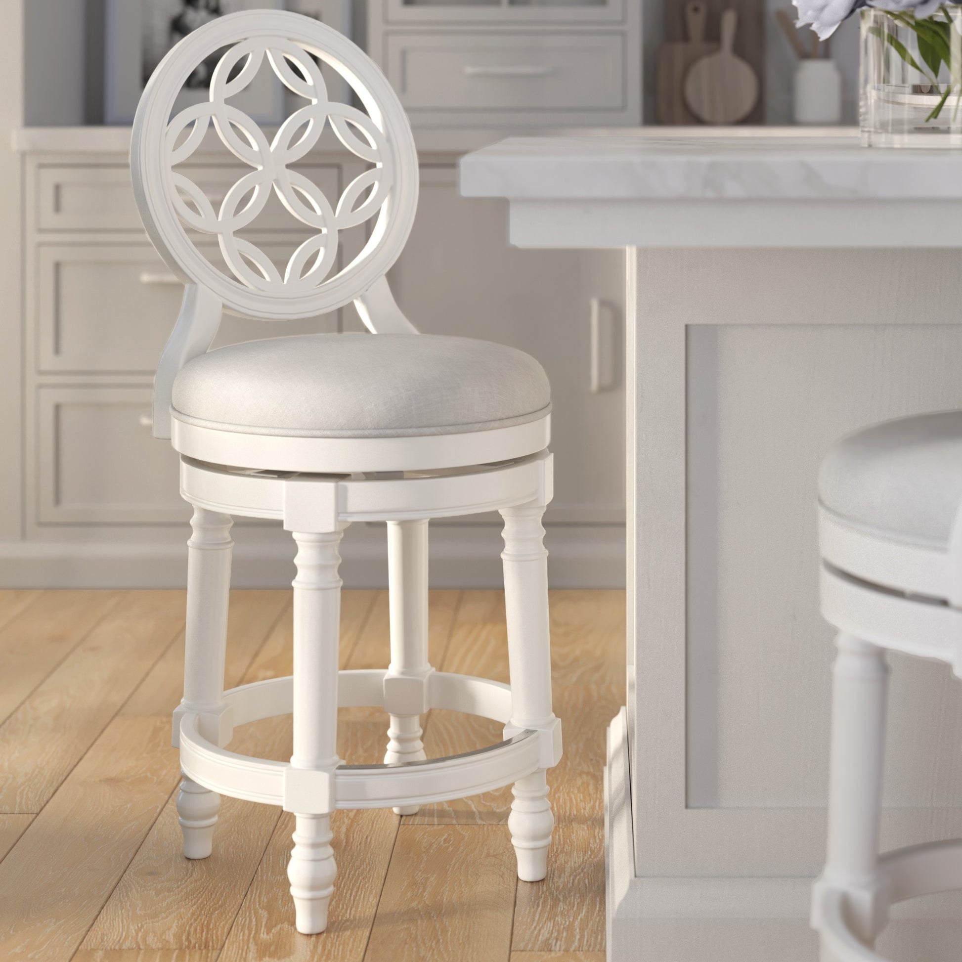 26" Wood Counter-Height Bar Stool with Back and Swivel Upholstered Seat, Farmhouse White, 1PC