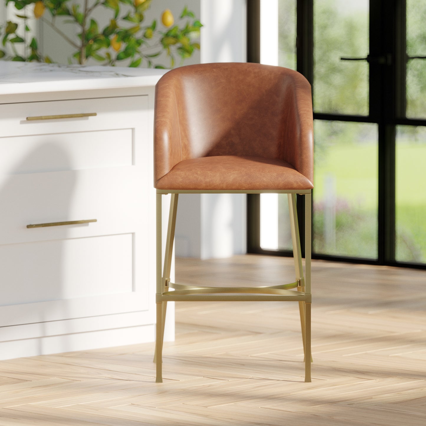 31" Modern Bar Stool , Tobacco Brown Faux Leather with Gold Steel Frame, 1PC