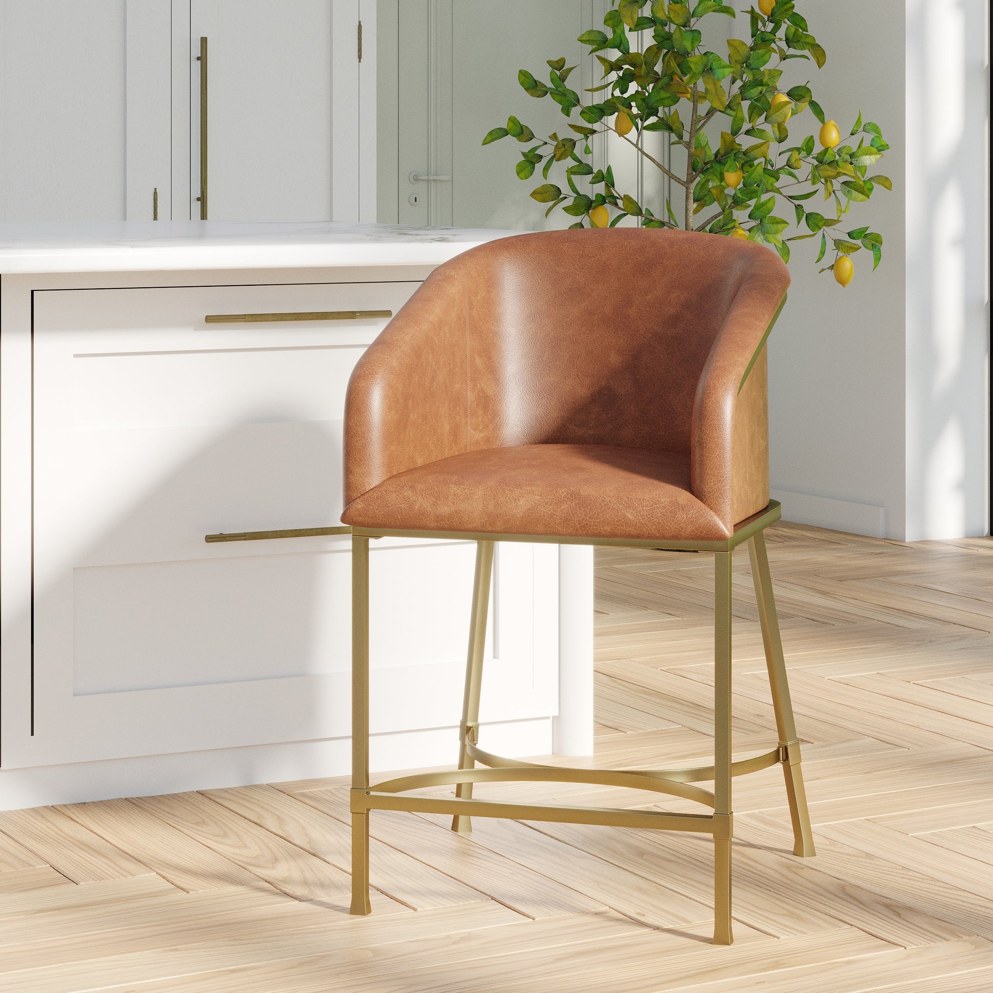 26" Modern Counter Stool,  Tobacco Brown Faux Leather & Gold Steel Frame, 1PC