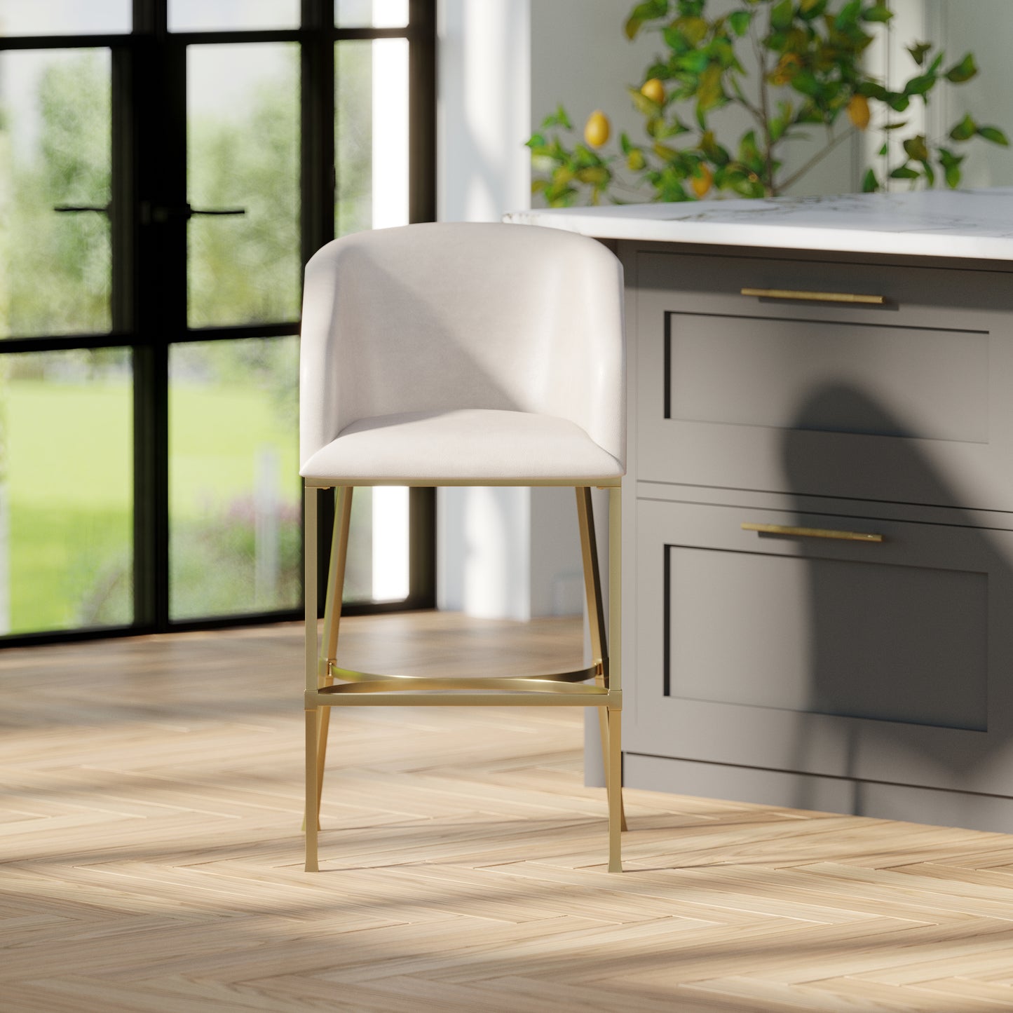 31" Modern Bar Stool, White Faux Leather with Gold Steel Frame, 1PC